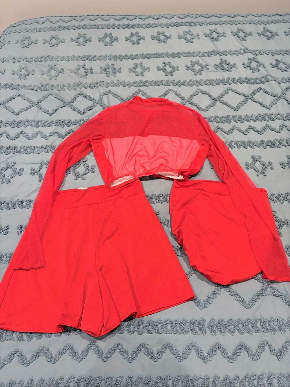 Kellé 3-Piece Red Dance Costume Adult Medium Mesh Crop Top & High-Waisted Shorts